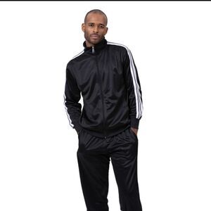 MEN'S MONTIQUE BLACK 2 PIECE SPORT TRACK SUIT WITH TRIPLE SIDE STRIPE. JS27.